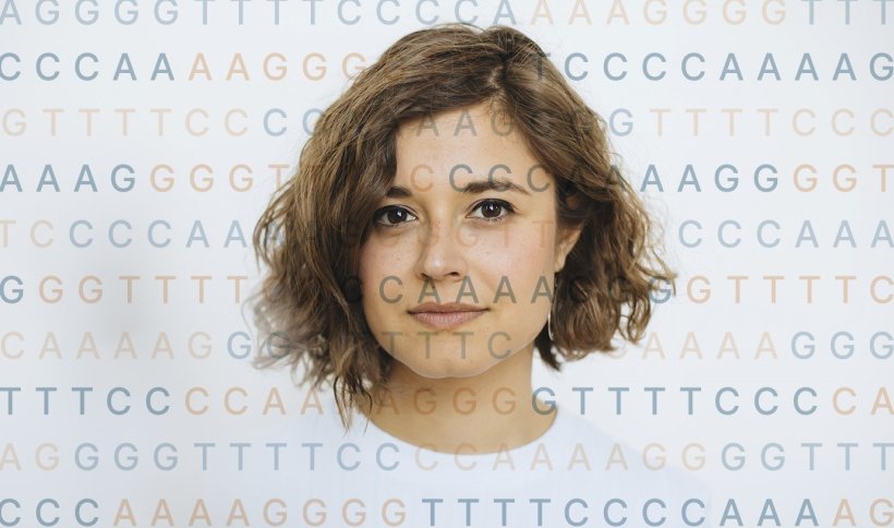 head of a young woman with genetic TGAC code superimposed