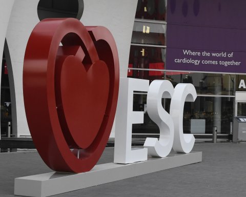 ESC heart logo in front of congress center in barcelona